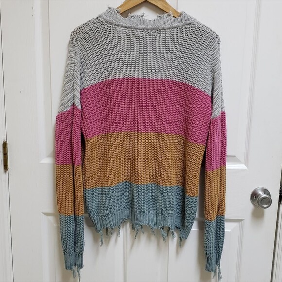 Andree By Unit Sweater Women Large Colorblock Striped Chewed Frayed Boho Grunge - Picture 2 of 9